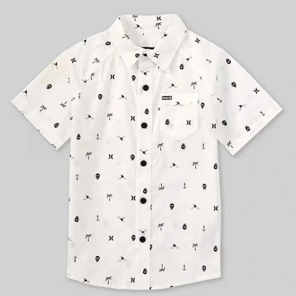 Boys Woven Cotton Collared Button Up Short Sleeve White Skull Island Sundays XL - Picture 1 of 6